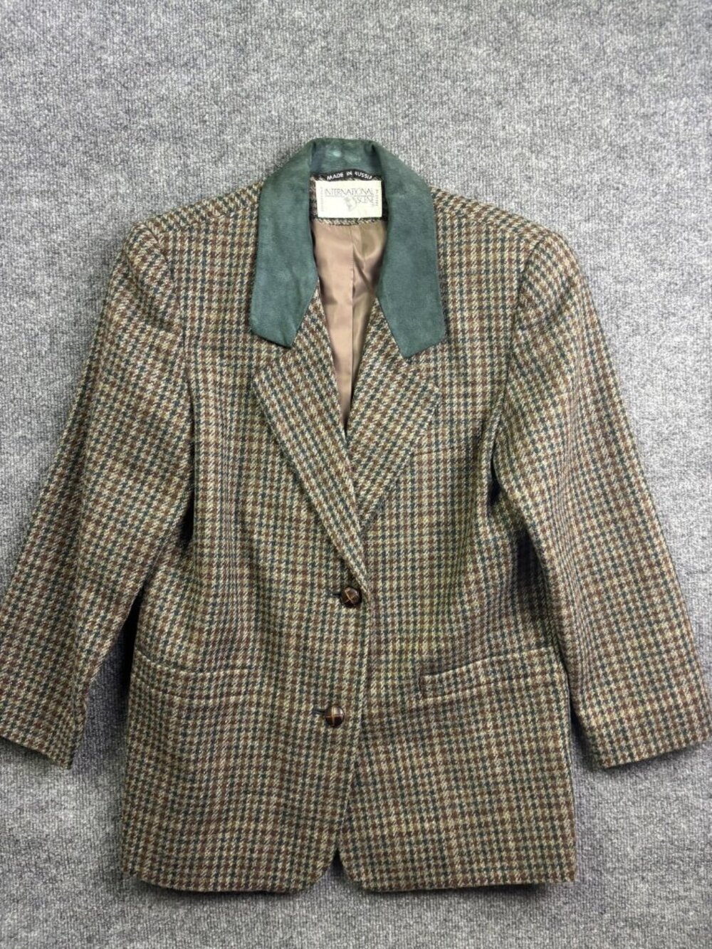 VNTG Vintage International Scene Blazer Womens 5/6 Brown Wool Check Suede Collar